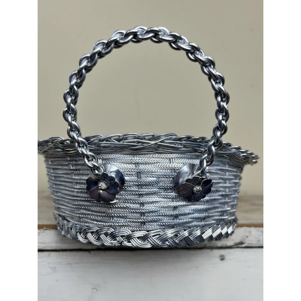 Vintage French Oval Metal Edge Woven Wire Bread Basket 14”x 8” Flower Details
